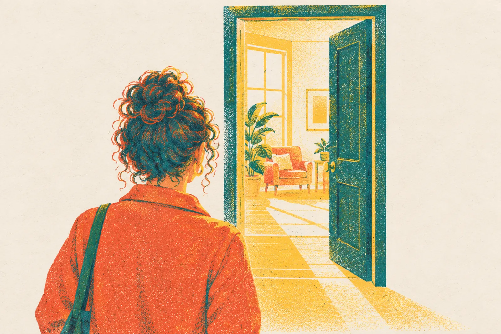 Someone stands at an open doorway, light spilling out from the room inside.