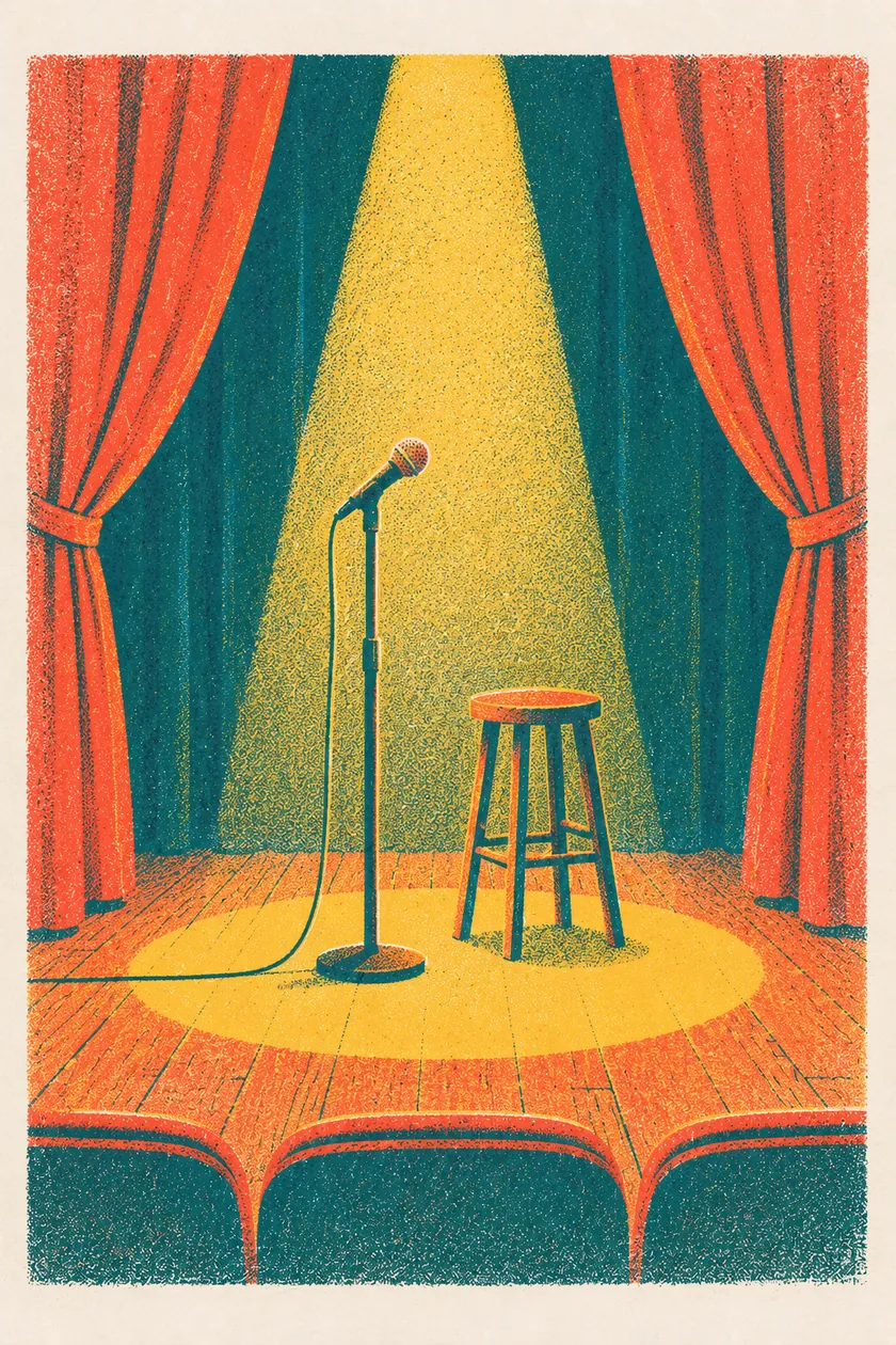 An empty stage with a microphone and a stool in a circle of light.
