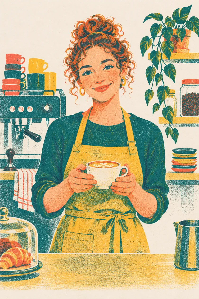 Sara, a barista, smiles behind the counter holding a cup of coffee.