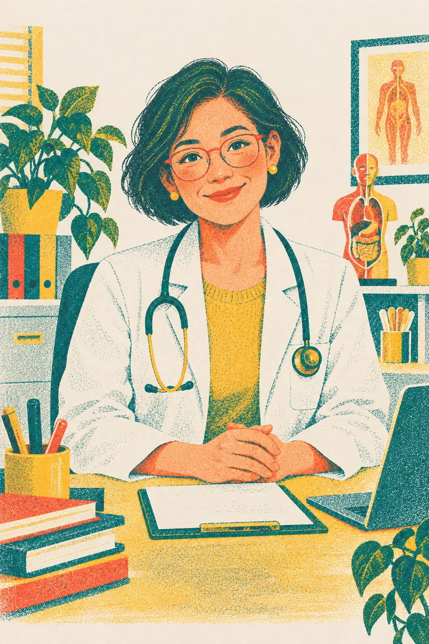 Dr. Chen smiles at her desk in a white coat and stethoscope.