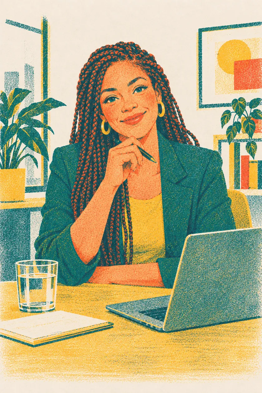 Emily, the interviewer, listens across a table with her laptop.