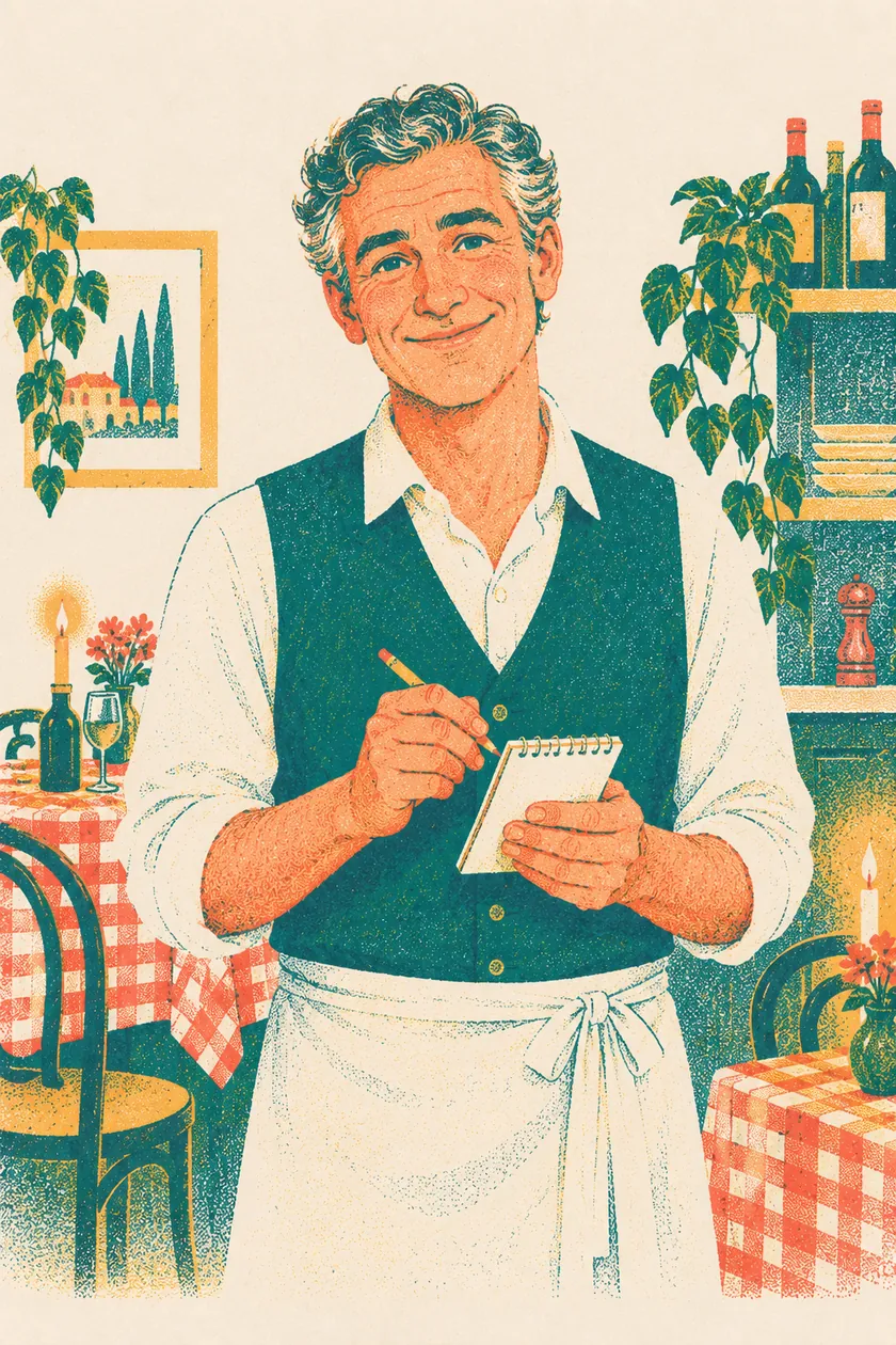 Marco, the waiter, holds his notepad ready to take an order.
